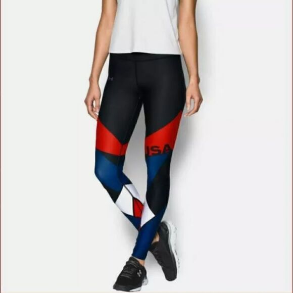 Under Armour UA USA Women's Compression Tights Leggings Pants Black White Red S - Picture 3 of 7